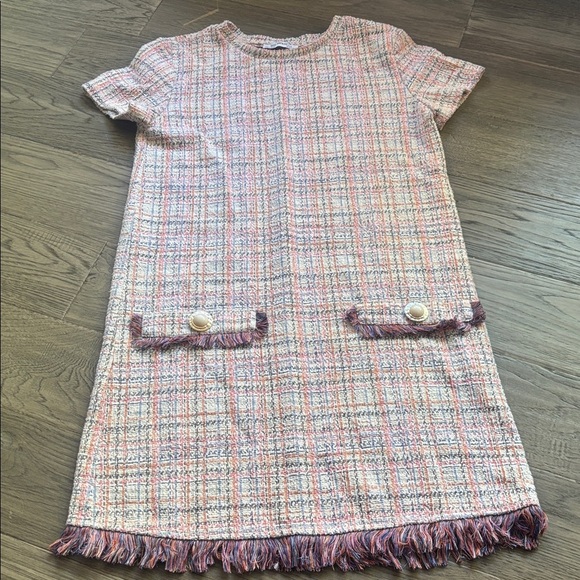 Zara |White Multicolor Pastel Tweed Fringe Frayed Hem Pearl Button Shift Dress S - Picture 5 of 15
